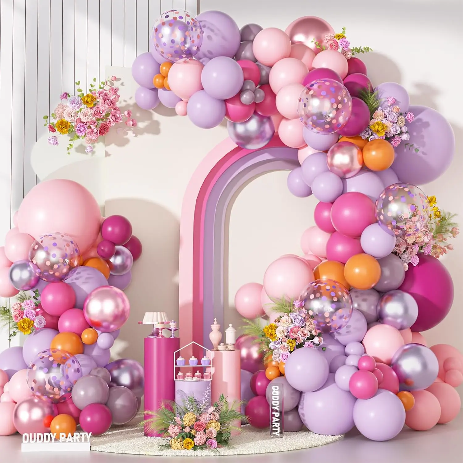 Multi-Size Floral Balloon Garland Arch Kit - 18/12/10/5 In Hot Pink, Lilac, Lavender, Orange, Magenta Latex Confetti Balloons for Wildflower Birthday, Photo Shoot Decorations