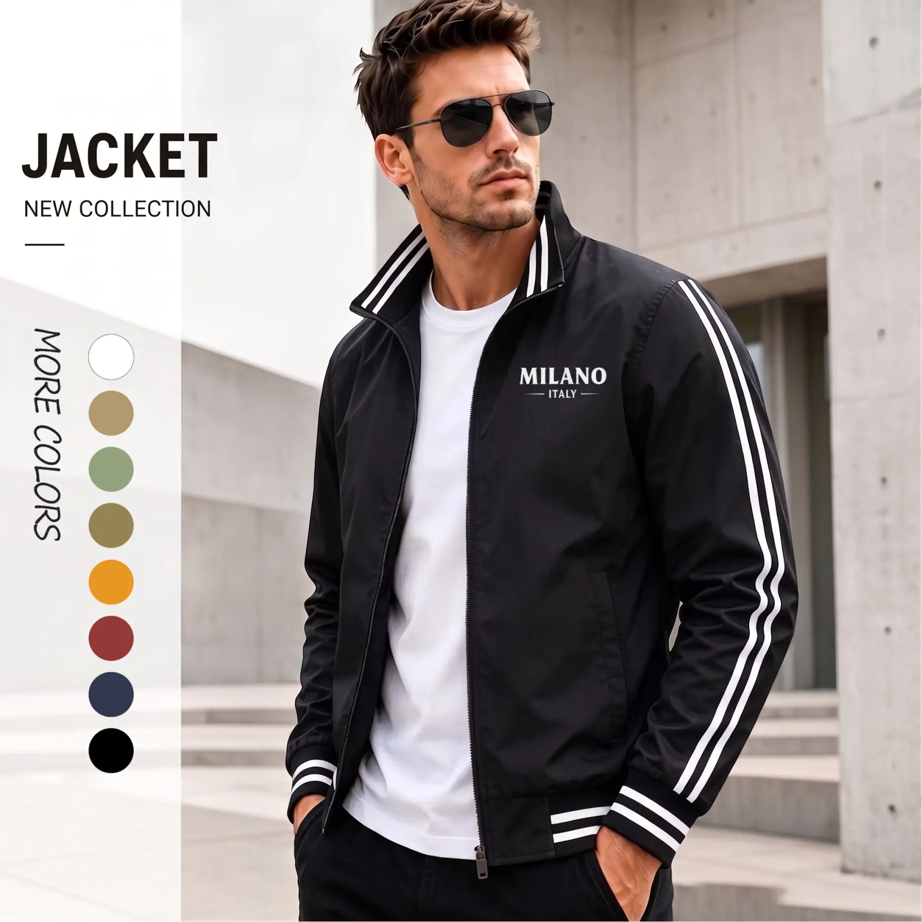 Men’s MILANO ITALY Graphic Print Lightweight Bomber Jacket – Luxury Streetwear Flight Jacket with Clean Athletic Fit, Stripe Sleeve Detail & Urban Fashion Zip-Up Design