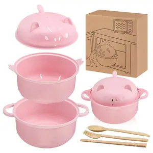 Ramen Bowl Set, Large Ramen Cooker 44oz, Pig Ramen Noodle Bowls, Microwave Pasta Cooker, Wheat Straw Bowl with Strainer Lid Handle Spoon Chopsticks Fork, Ramen Bowl Microwave Gift for College Boys Girls Male Female Dorm Room