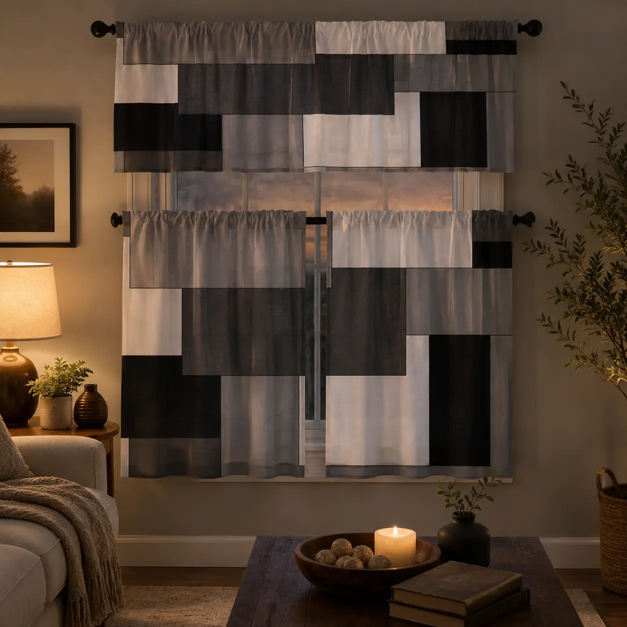 Soft 1 Set (3-Piece) 36-Inch Black Gray Fading-Proof Kitchen Window Drapery, Polyester Dark Gray White Modern Rod Pocket Valance & Short Tiers, Abstract Cafe Drapes for Kitchen Bathroom Decor