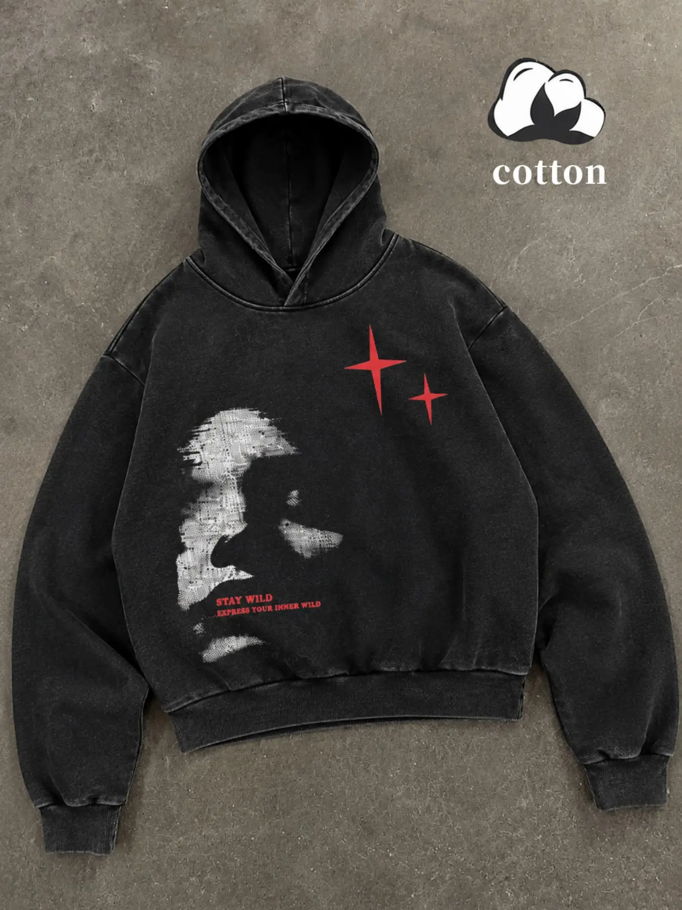 Men's Washed Black Graphic Hoodie, Oversized Pullover Sweatshirt with Portrait Artwork, Red Text and Star Details, Relaxed Fit with Drawstring Hood and Kangaroo Pocket, Retro Y2K Dark Streetwear for Campus, Skate, Travel, Festivals, Parties and Casual Dai