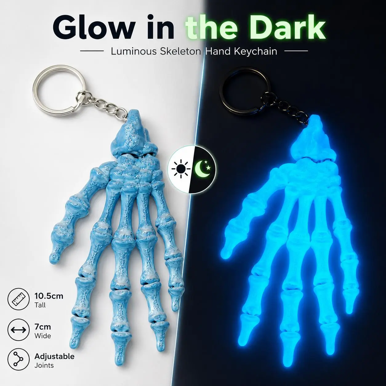 Glow-in-Dark Skeleton Hand Keychain - Adjustable Joint Bone Hand Ornament, Unisex Halloween Decor Charm, Fits Any Bag & Car Keys (Sports & Outdoor Trophy Accessory), Luminescent