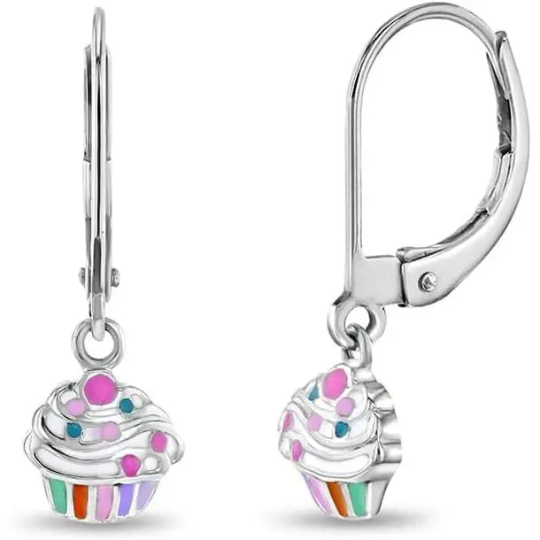 Cupcake Girls Earrings for Kids - 925 Sterling Silver Dangle Jewelry - Hypoallergenic Earrings for Girls with Secure Lever Back - Safe & Comfortable for Toddlers & Kids