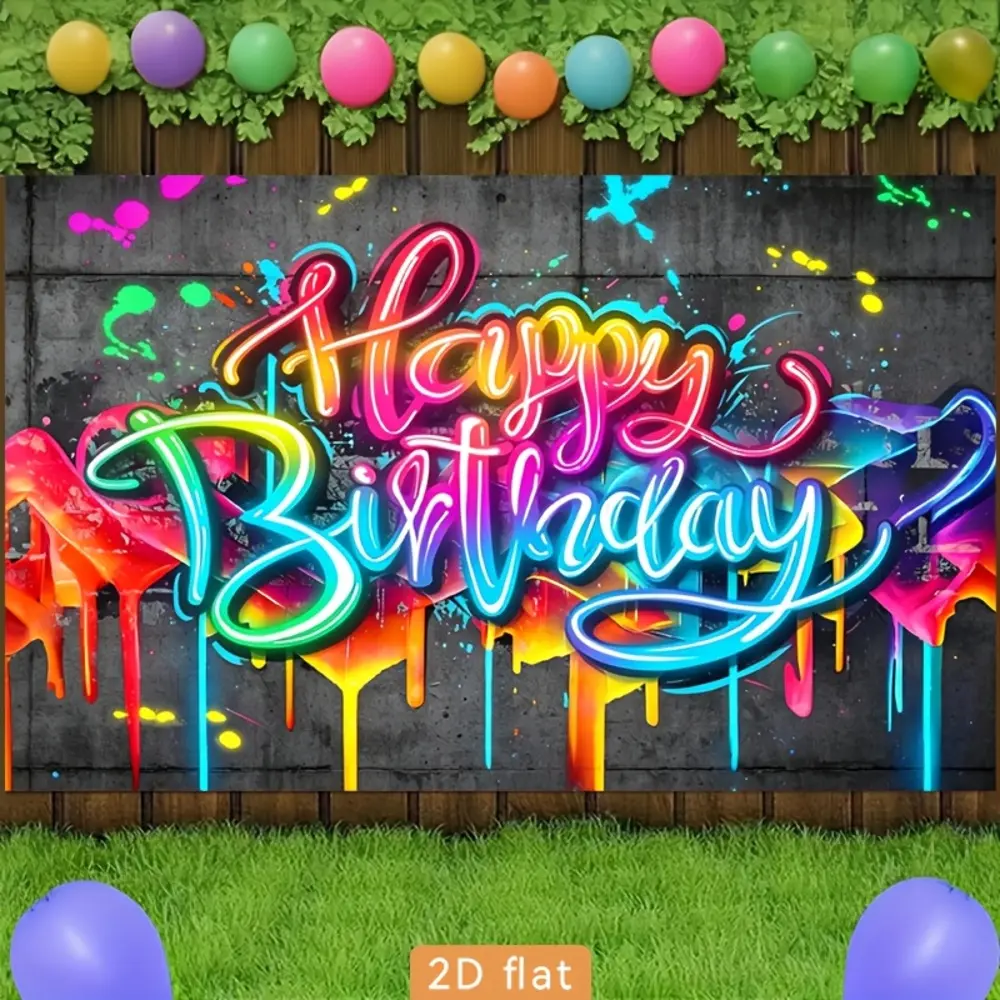 2D Flat Colorful Graffiti Happy Birthday Polyester Photography Backdrop, HD Digitally Printed Soft Lightweight Foldable Printed Paper Background, Festive Backdrops & Banners for Birthday Parties, Portrait Shooting