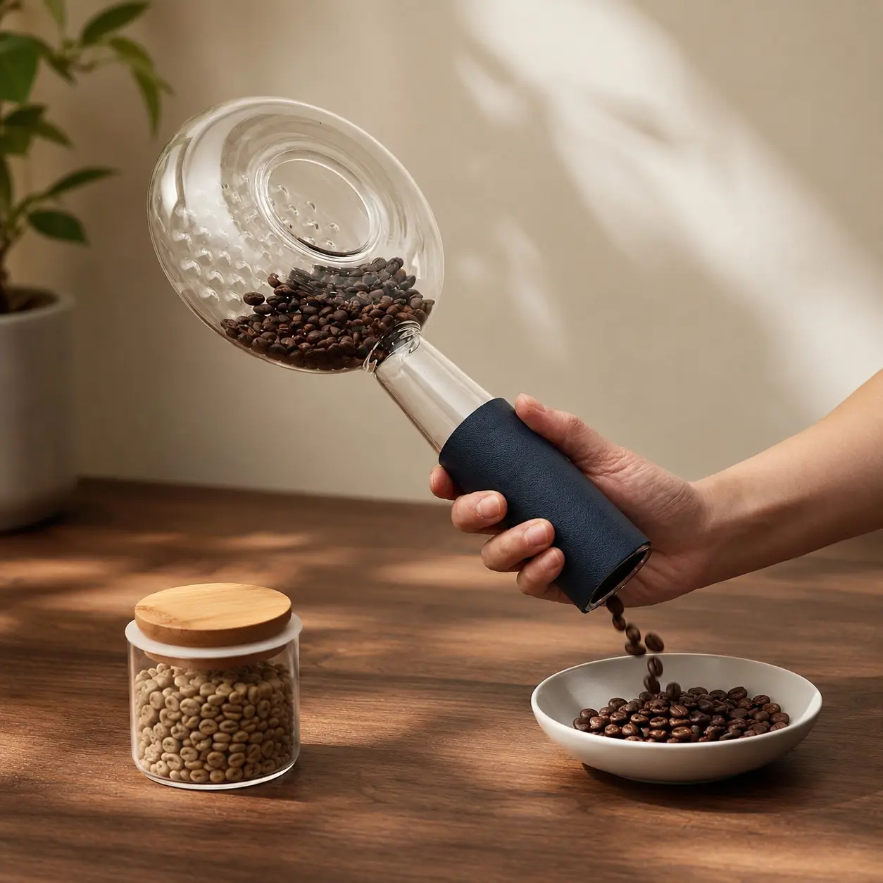 High Borosilicate Glass Manual Coffee Bean Roaster, Home Use Visual Coffee Roasting Pot, Handle Insulated Design, Bamboo Lid Included