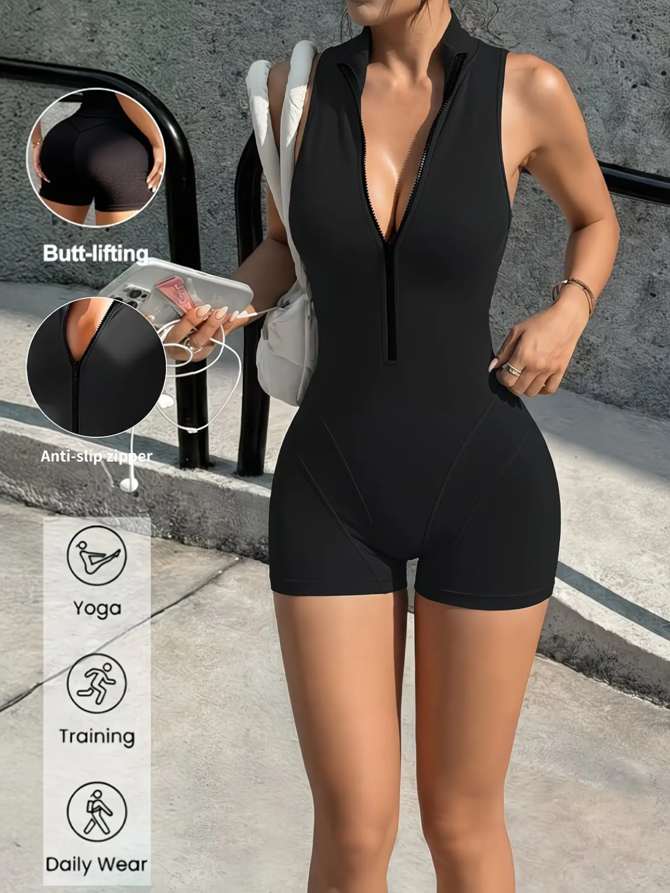 Women's Spring Summer Stand Collar Zipper Romper, Outdoor Sports Fitness Yoga Daily Commute Fashion, Stylish One-Piece Shorts, Sleeveless Yoga Jumpsuits, Workout Jumpsuit, Stretch Jumpsuit