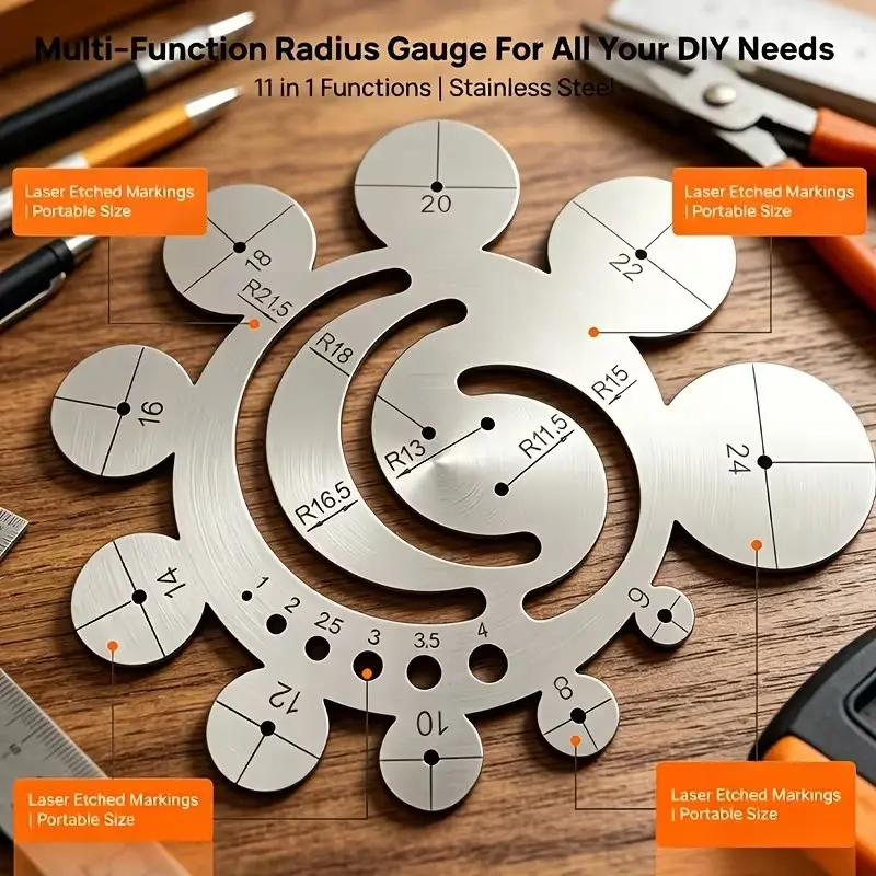 Stainless Steel Radius Template Tool, 11-In-1 Multi-Function Circular Guide, Precision Angle Ruler for DIY Projects, Woodworking, Jewelry Making