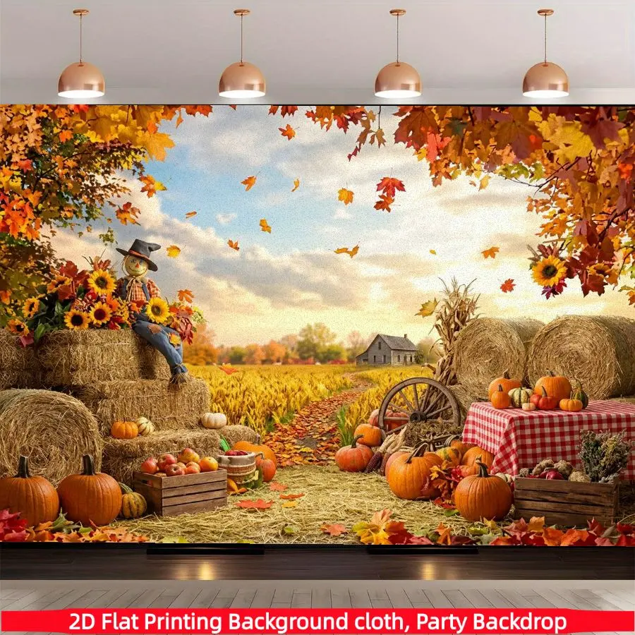 Autumn Harvest Themed Background Banner, Haystack Pumpkin Sunflower Print Hanging Fabric, Suitable for Thanksgiving, Farm Themed Parties, Photography Background Wall Decoration, Polyester Material, Multiple Sizes Available