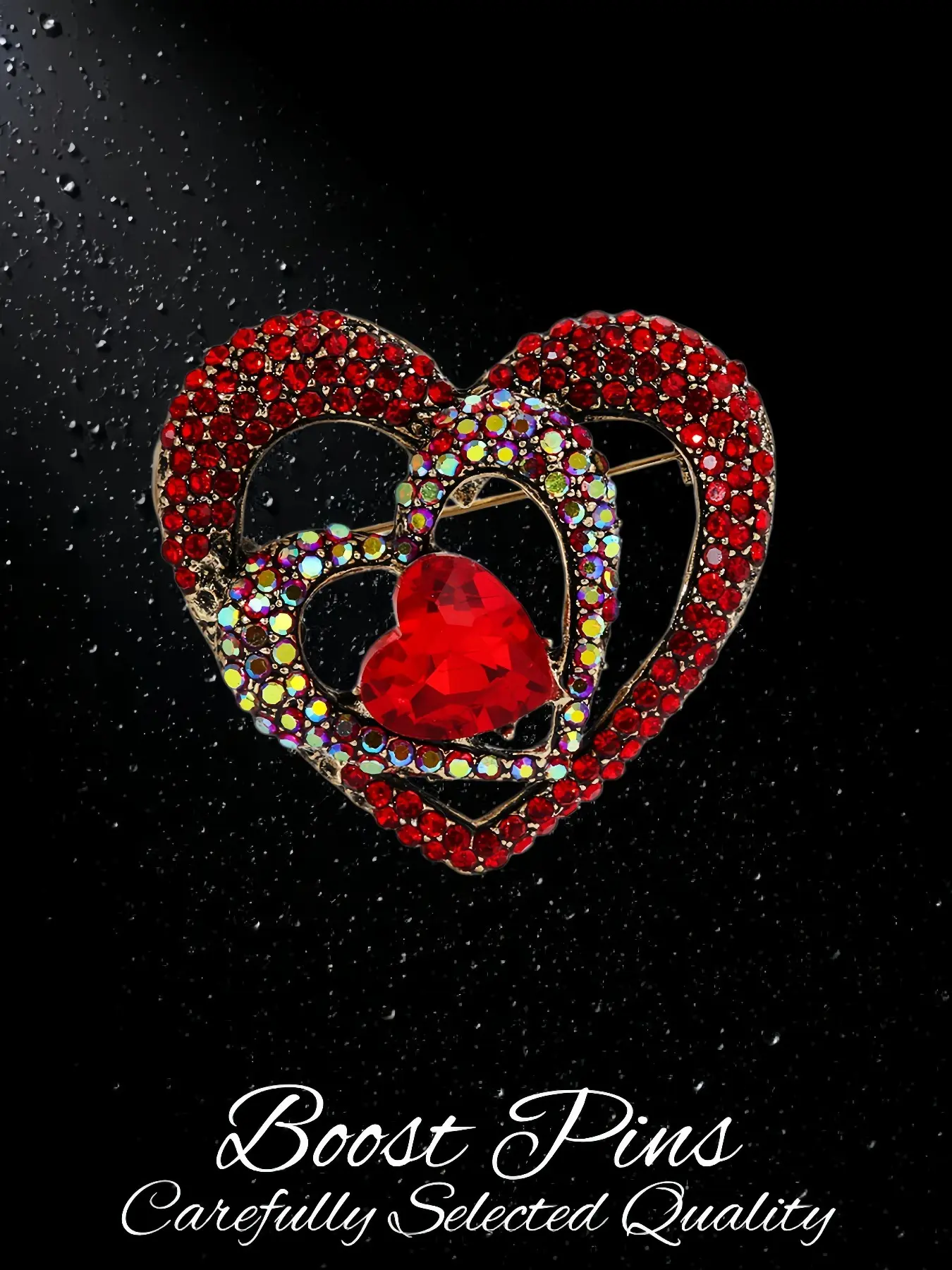 Antique Bronze Triple Interlaced Hollow Red Heart Brooch, Exquisite Brooch, Full Paved Bright Red Rhinestone Iridescent AB Crystal Retro Luxury Corsage Pin Jewelry For Women Suit Coat Scarf Valentine Wedding Birthday Party Gift