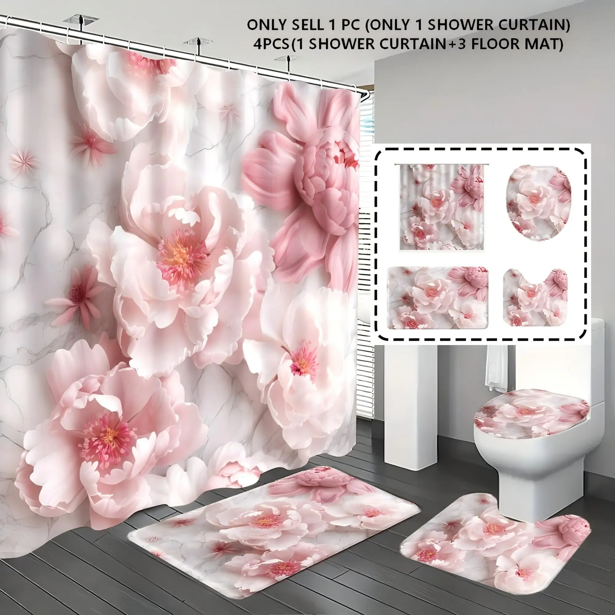 [Popular Choice]1pc/4pcs, bathroom curtains shower, bathroom set, shower curtains, bathroom rug, home decoration, bathroom mat, pink flower pattern, romantic theme decoration, bathroom set, and 12 hooks are given away.
