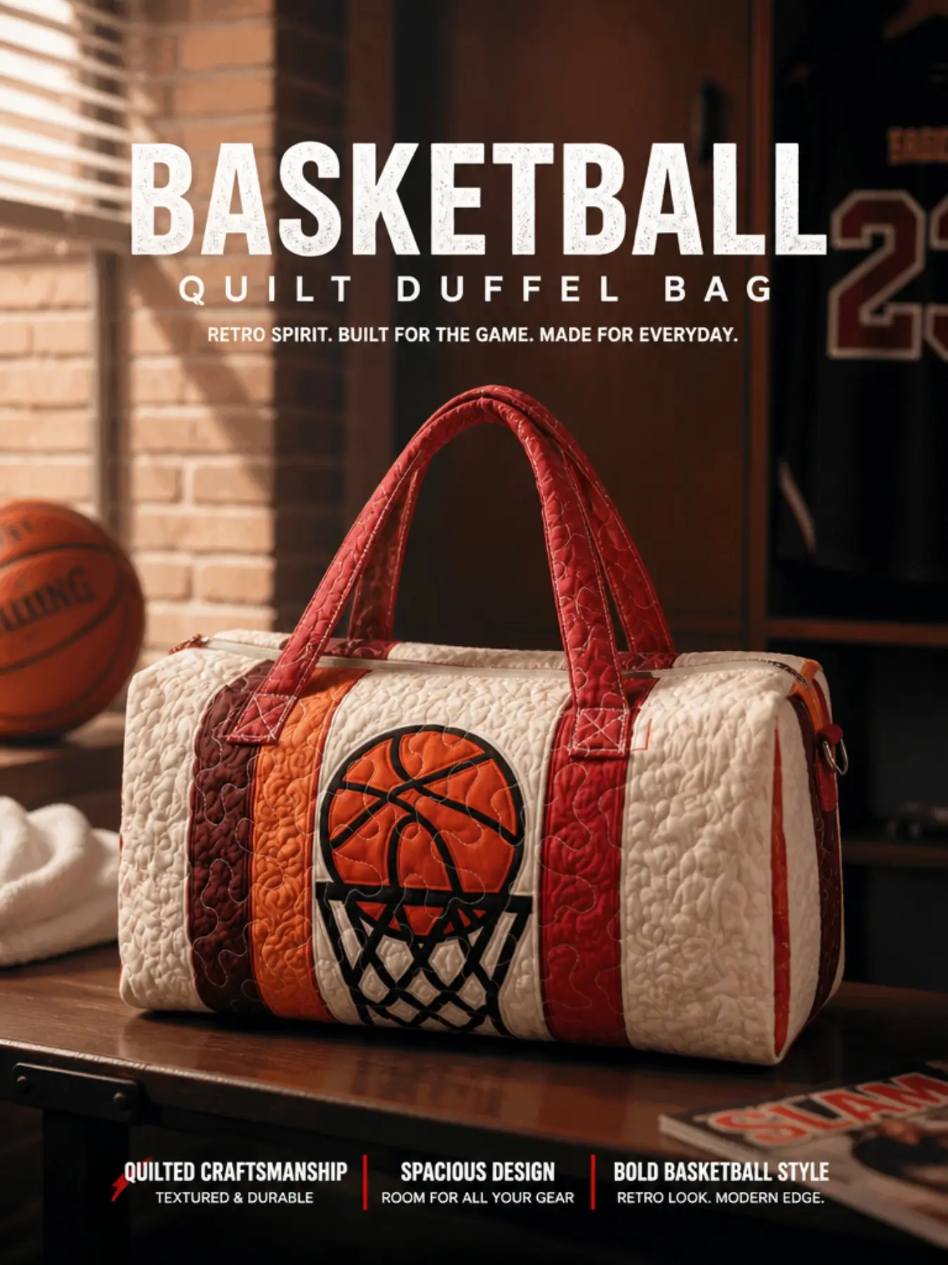 Streetwear Basketball Print Quilted Handbag, Large Capacity Soft Quilted Weekend Travel Bag, Lightweight Overnight Fitness Luggage, Outdoor Vacation Ready