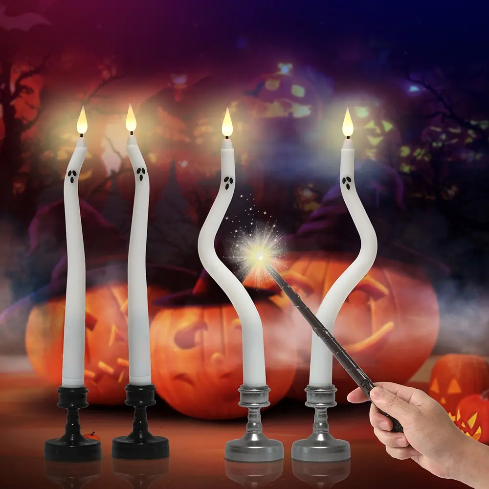 S-Bend Twisted Long Rod LED Candle, Remote Control Wand, Halloween Table Lamp, Smoke-Free Atmosphere Light, Warm, Gothic Decor, Spooky
