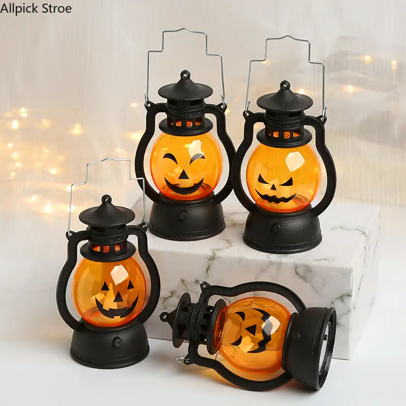 Retro Plastic Halloween Pumpkin LED Oil Lantern - Decorative Hanging Light for Holiday Party, Room Decor (Per Box), A, No