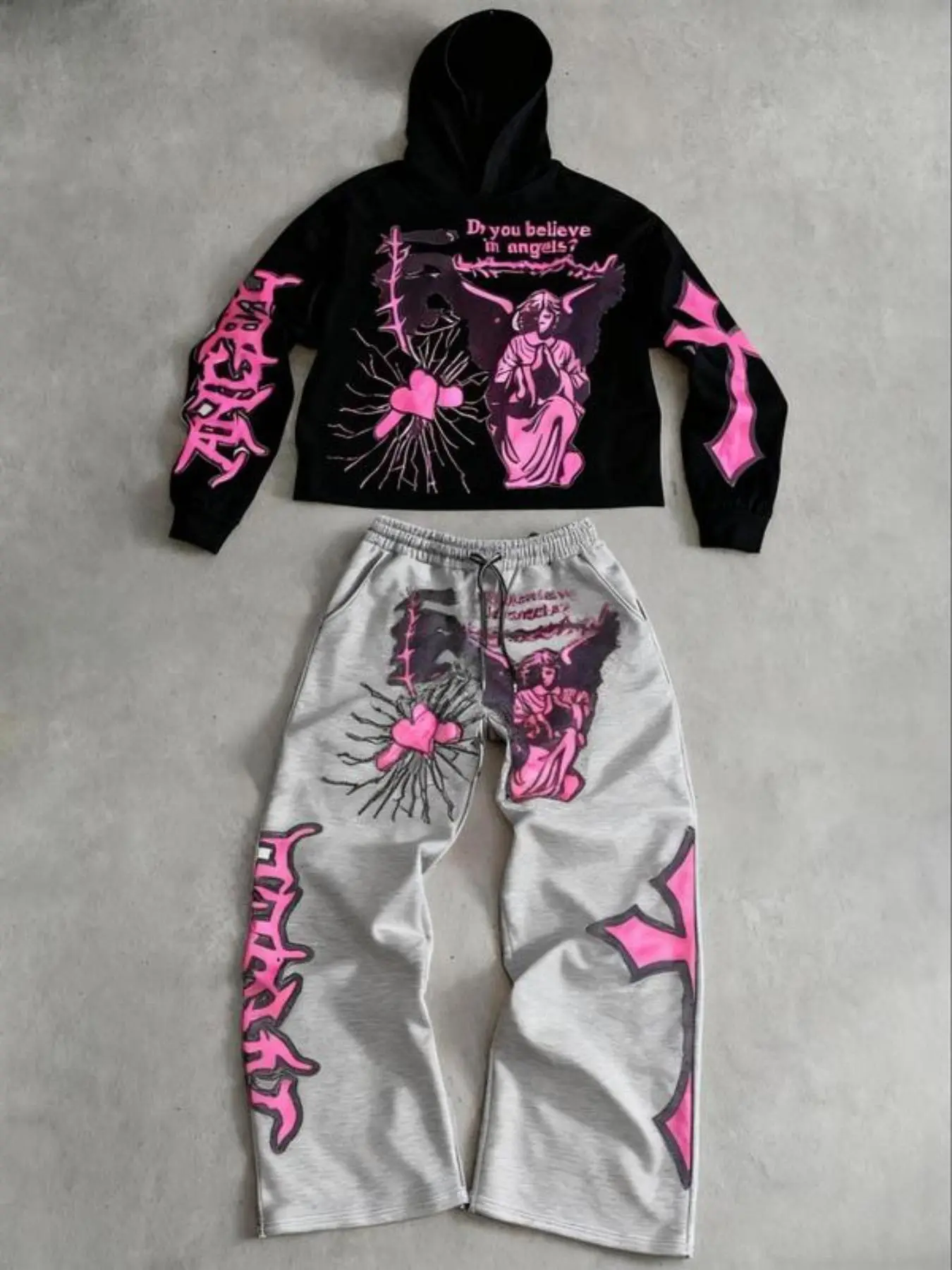 Trendy Angel & Thorn Graphic Print Hoodie Set, Contrast Colors, Fitted Short Top + Wide-Leg Pants, Streetwear Must-Have