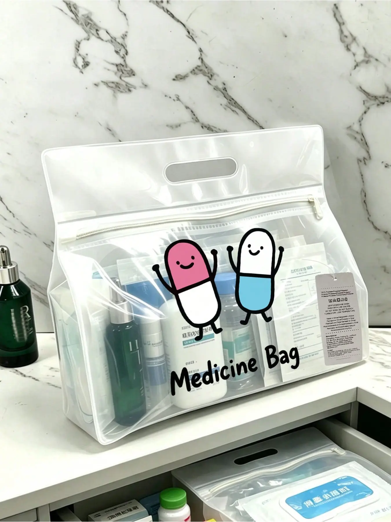 Large capacity medical bag, printed cute pill pattern, cosmetic bag, transparent sanitary bag, storage bag, travel essentials, zipper portable travel sanitary bag, beach transparent Pvc sanitary bag.