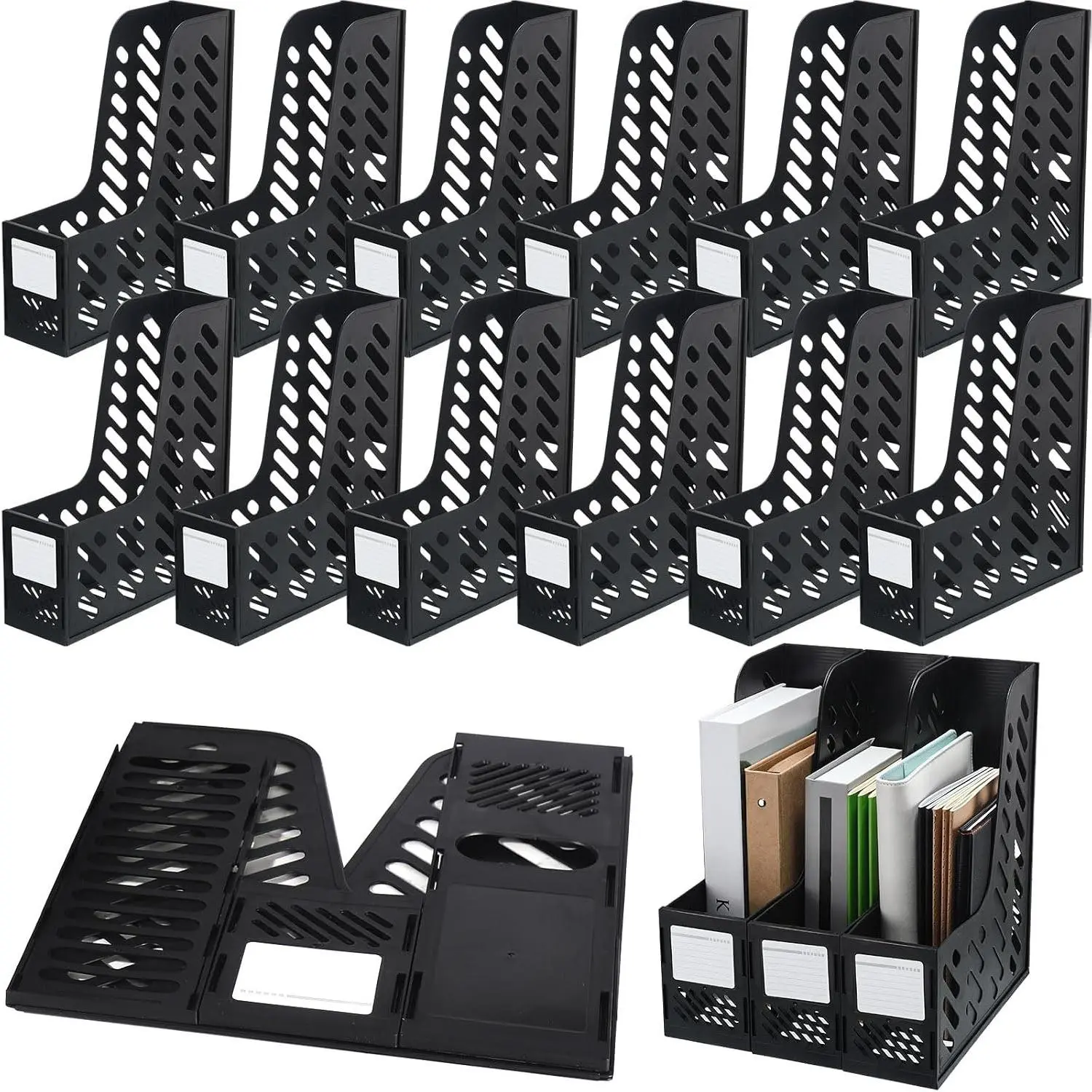 12 Pack Magazine Organizers Binder Organizer for Desk Plastic Vertical File Holder Magazine Racks Desk Accessories for Office, Home, or School (Black)