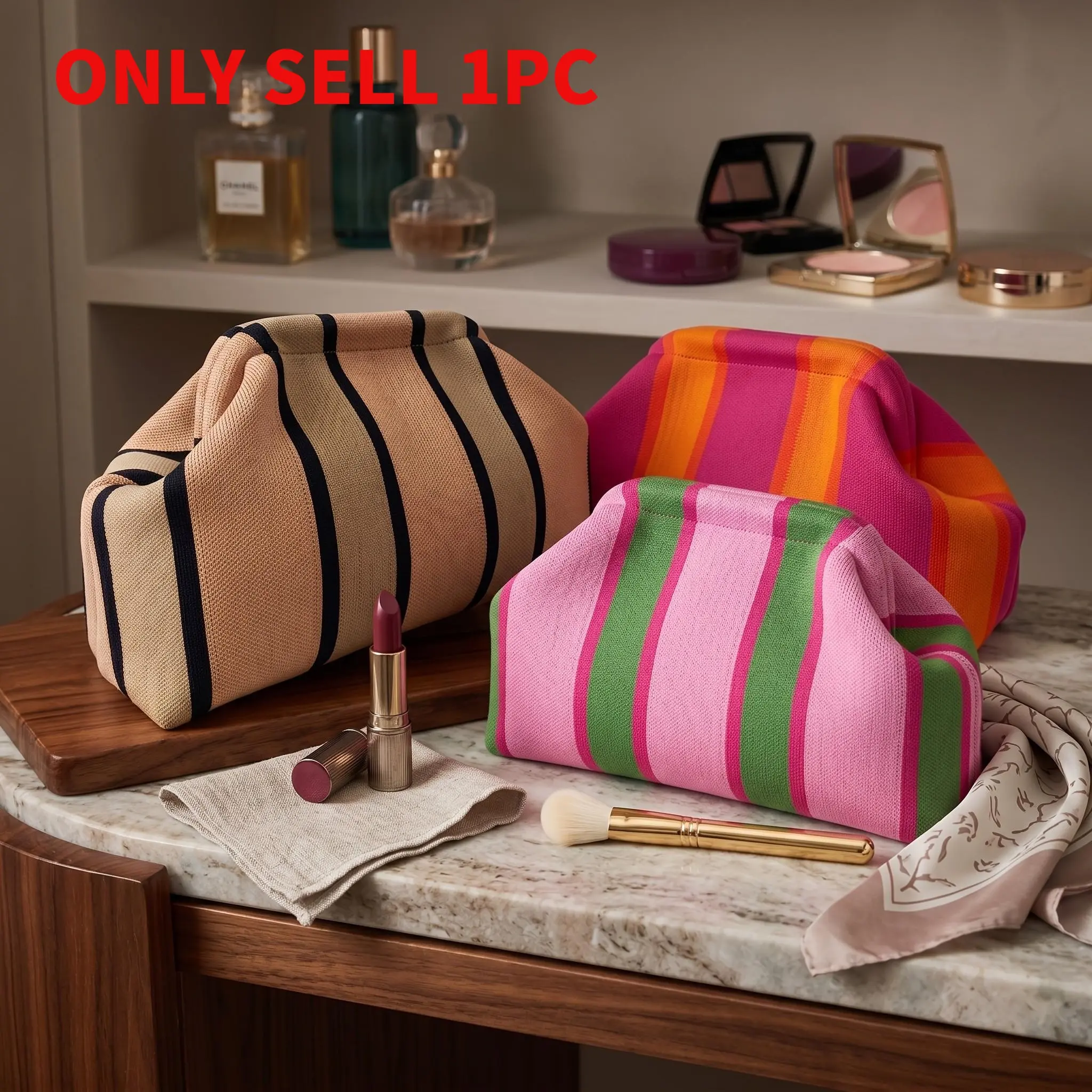 Striped Knit Clutch Bag for Women, Elastic Frame Shell Cosmetic Pouch, Color Block Striped Soft Makeup Bag, Portable Travel Handbag, Cosmetic Travel Bags