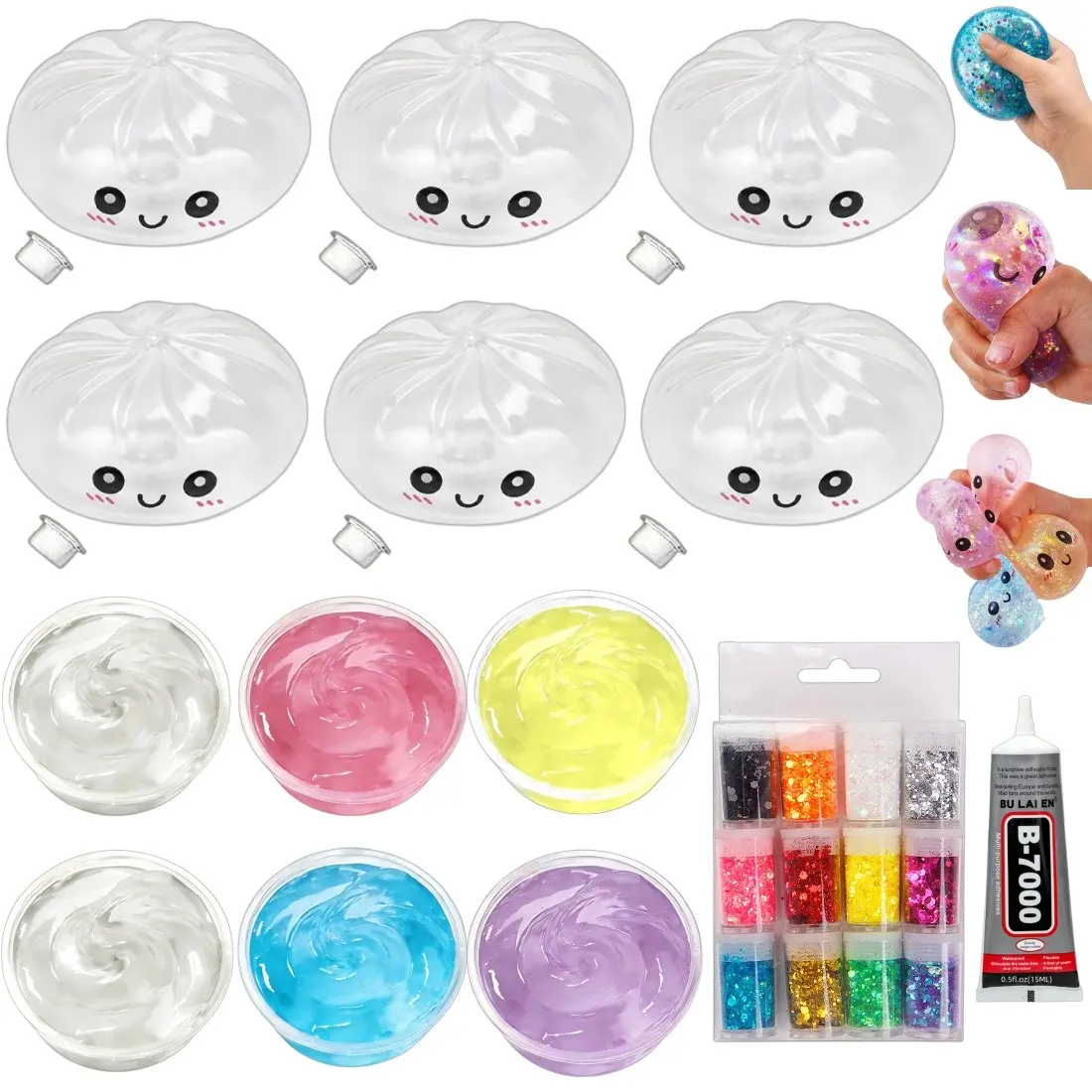 Squishy Ball Kit Making Set, Includes 6 Slime Boxes, 12 Color Glitter, 6 Blank Skin Pieces, 15ML Glue, Expansion Tool, Adult Stress Relief