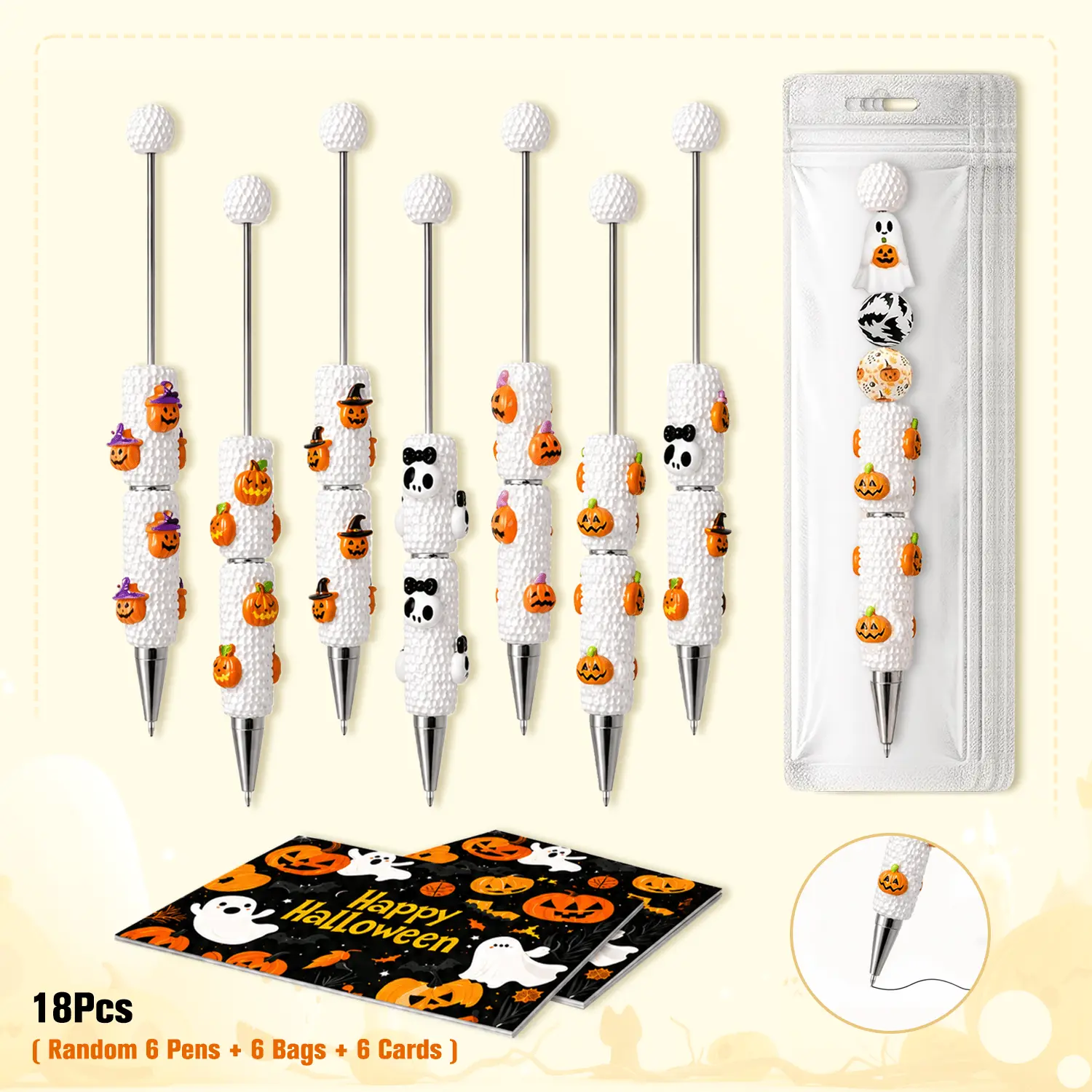 Halloween DIY Beadable Pen Set, Rondom 6Pcs Pumpkin Shape Full Rhinestone Pens, Full Rhinestone Ballpoint Pens with 6 Holiday Cards and 6 Gift Bags, Creative Handmade Gifts, Halloween Party Favors, School Supplies, Craft Lovers Gift