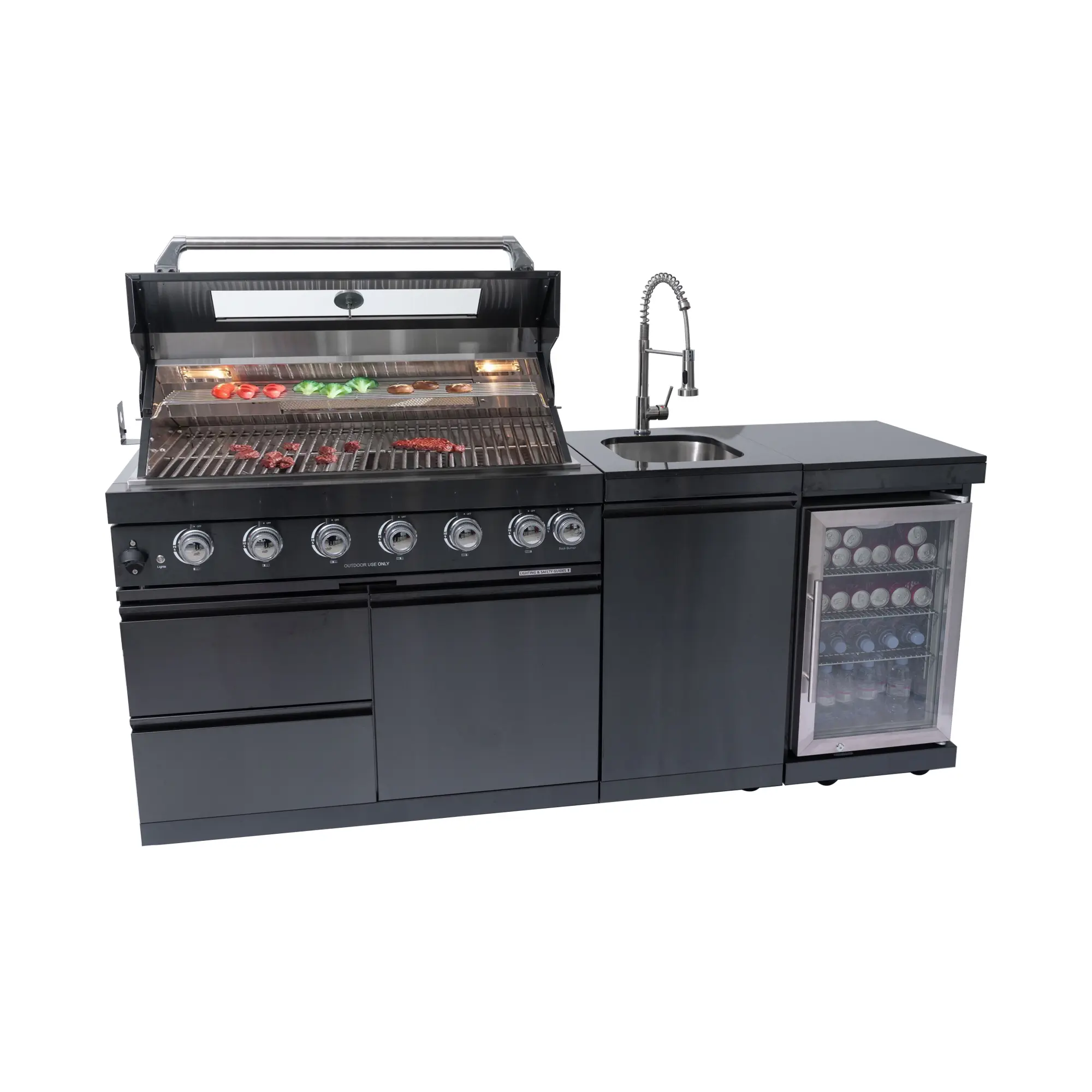 ARCH 85-Inch 6-Burner Stainless Steel Gas Grill Island Outdoor Kitchen - 85000 BTU, Ceramic Rack, Glass Wine Cooler, Traditional Granite Countertops, Sink, Rotisserie, Black American Design for Patio BBQ Camp Cooking