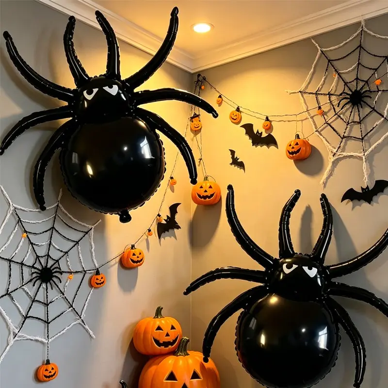 Two Giant Spider Foil Balloons, Large Horror Spider Polyester Film Balloons, Halloween Home Indoor Outdoor Decor Balloons