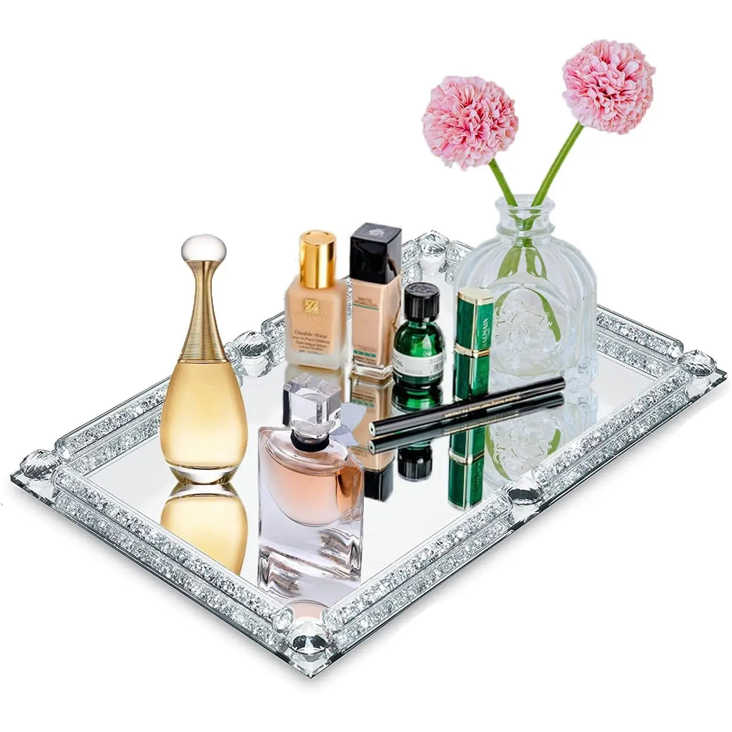 Mirror Perfume Tray for Dresser, Crushed  Filled | Decorative Bathroom Tray, GlassTray for  Decorative,Party,Hotel Banquet,11.8"x 7.9"x1.2",