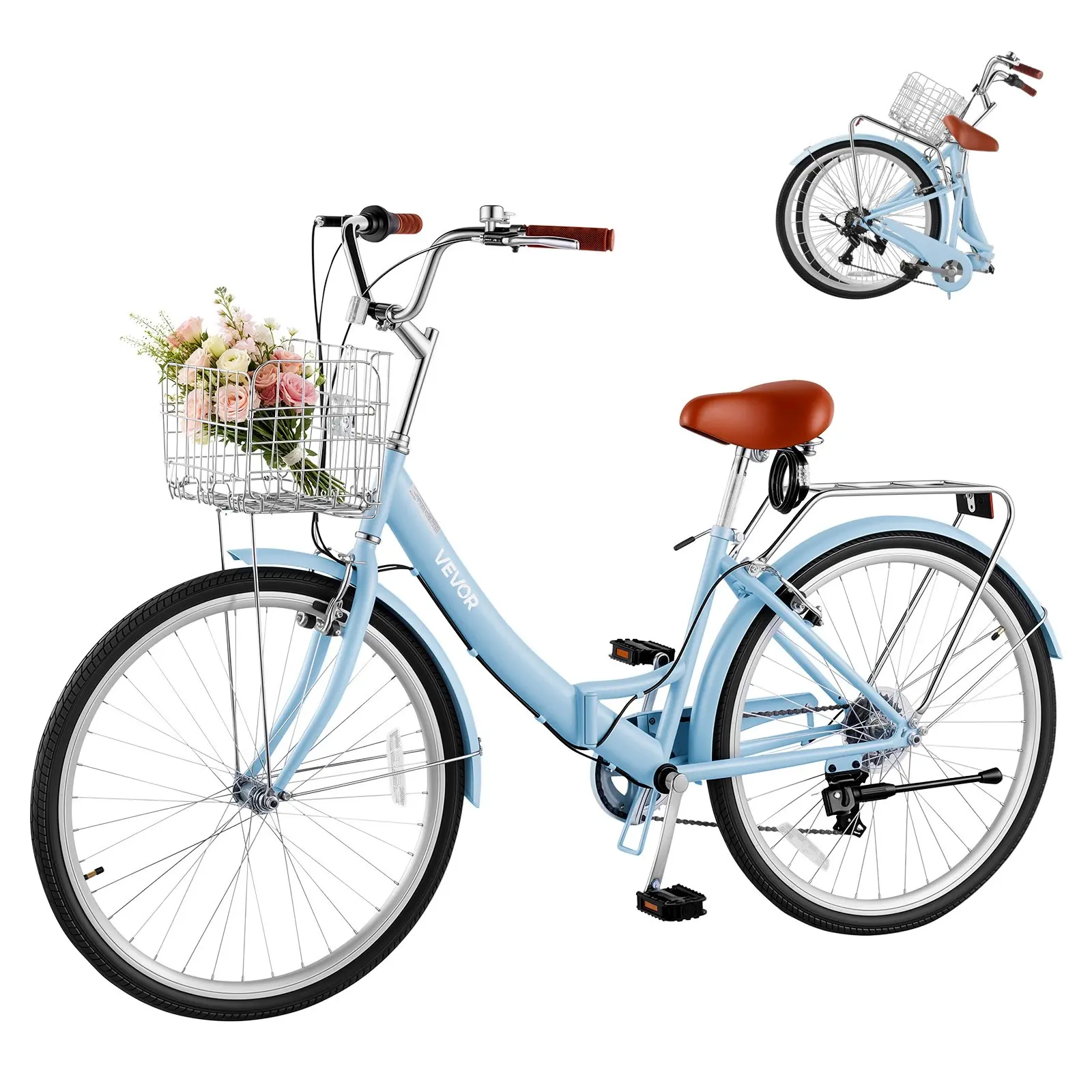 VEVOR Women's 26-in Folding Beach Cruiser Bike, 7-Speed Adult Size City Bicycle for Commuting & City Cycling, Steel Frame, 330 lbs Capacity, Adjustable Seat, Basket, Rear Rack, Dual V-Brakes, Light Blue