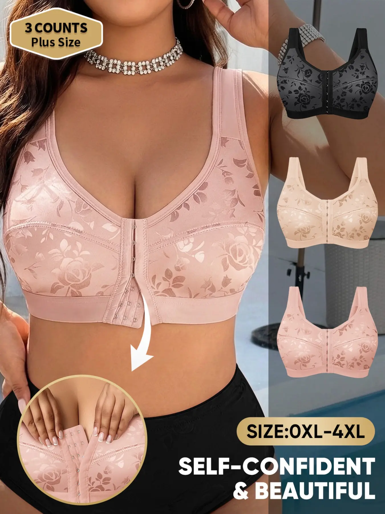 3-Pack MEIYATING Plus Size Bras, 1xl-4xl, Front Buckle, Fit, Ditsy Floral, U-Back, Full Coverage, Soft Breathable, Breathable Comfy Bra, Casual Underwear Lingerie