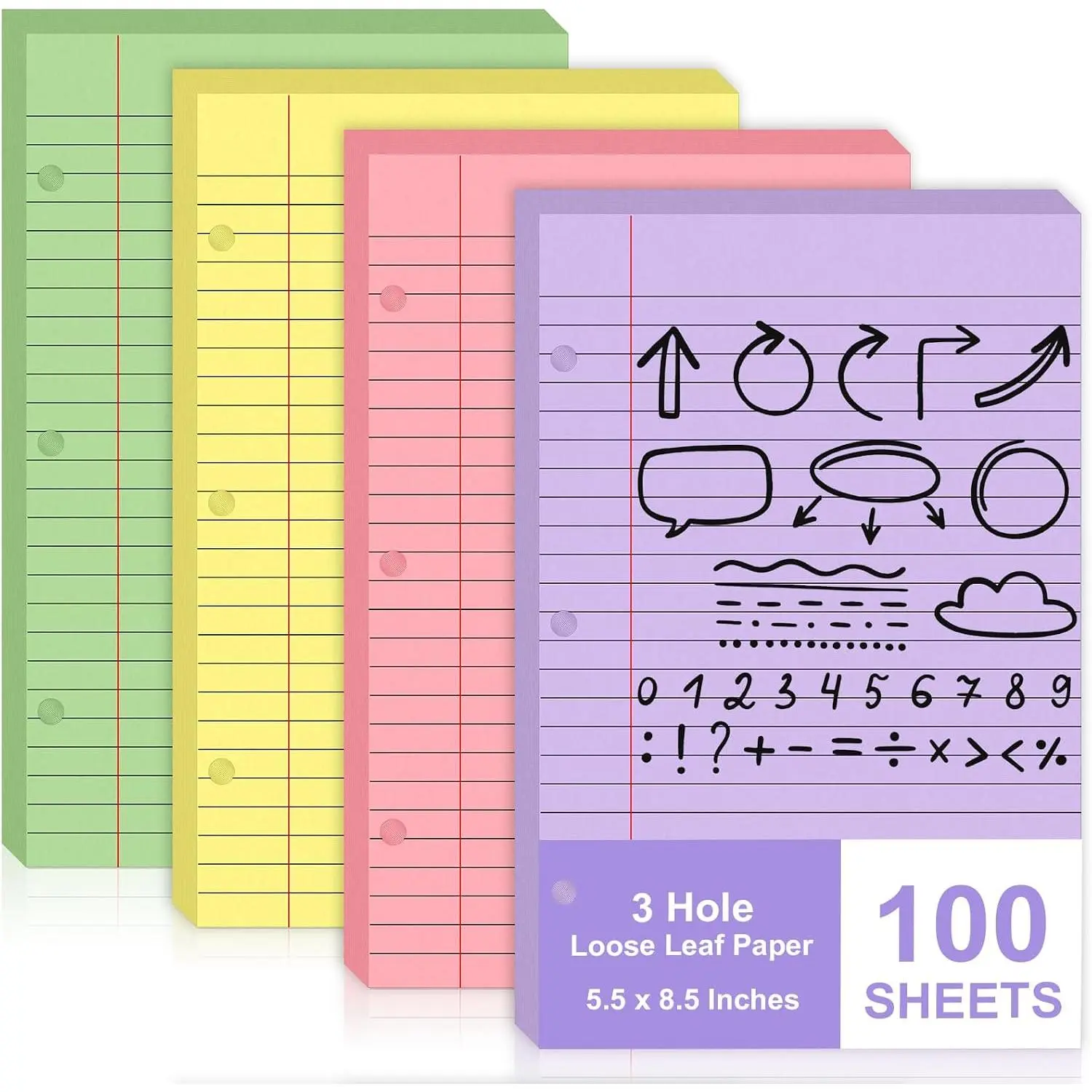 100 Sheets Mini Binder Loose Leaf Paper 5.5 x 8.5 Small Binder Filler Paper Lined College Ruled Paper for Mini 3 Ring Binder 3 Hole Punched Notebook Paper Pocket Folders for School Supplies (100)