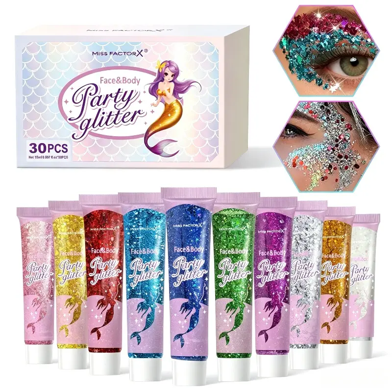 30-Pack Large Capacity Body Glitter Gel, Face Sequins Shimmer Makeup, Long-Lasting Shiny Glitter Cream for Face & Body Suitable for Stage and Party