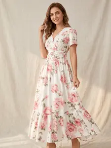Summer Floral Long Dress for Women, V Neck Short Sleeve, Elastic Waist, Casual Party Beach Wear, Elegant Chic All-Season Dress