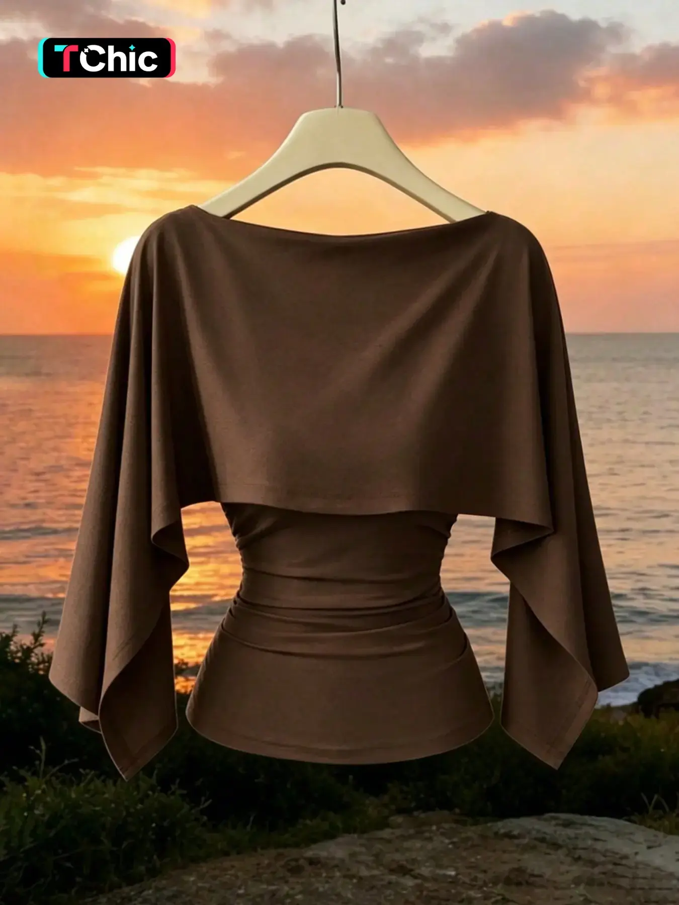 Women's Shawl-Style Sleeveless Stretch Knit Bodycon Fitted Top, Chic Waist Cinching Casual Daily T-Shirt