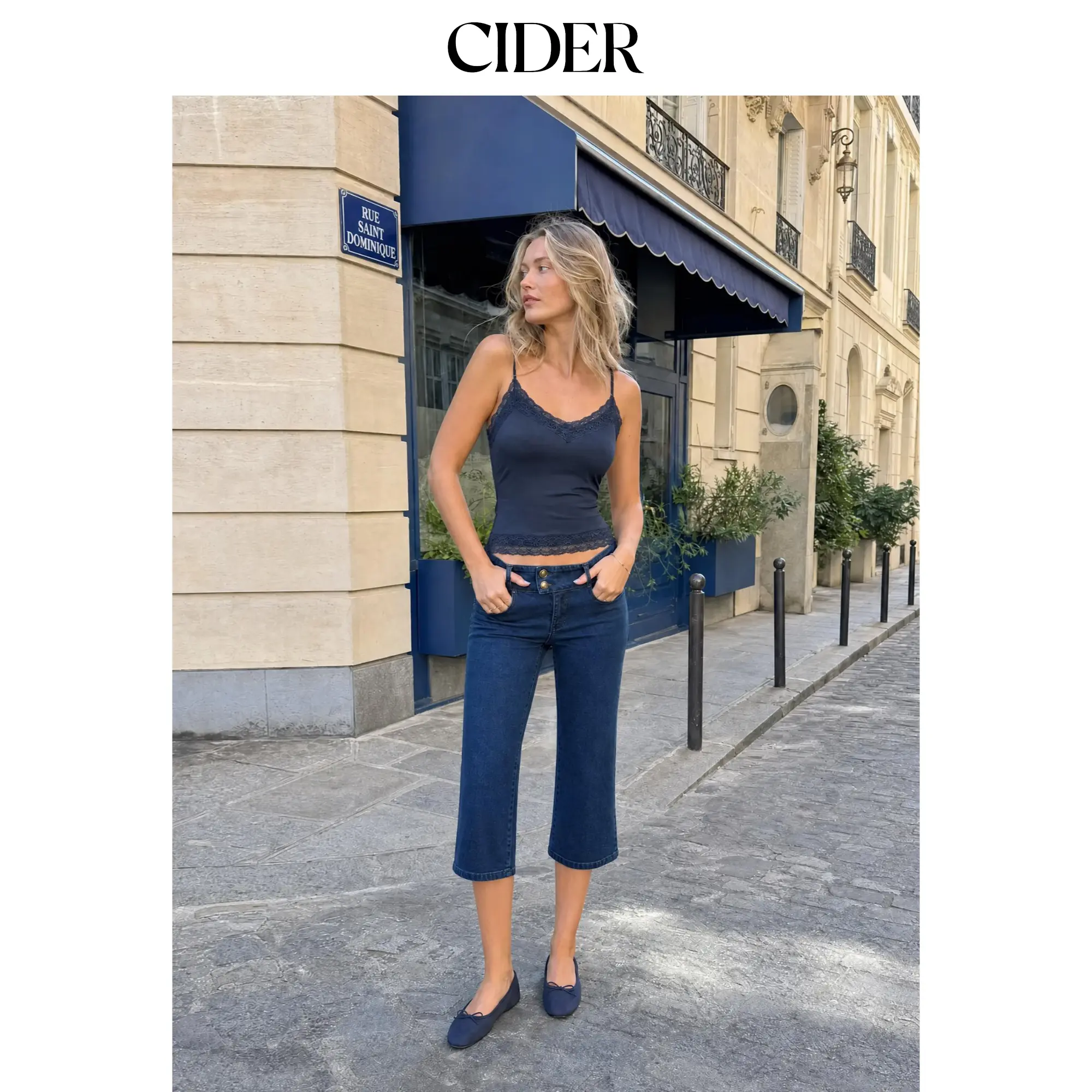 Cider Stretch Denim Washed Mid Rise Metal Detail Flared Capri Jeans