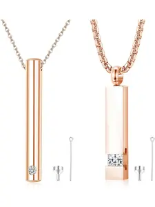 2 Pcs Cremation Urn Pendant Necklace for Memorial Black/Silver Stainless Steel with CZ Necklace Ashes Jewelry Keepsakes RoseGolden