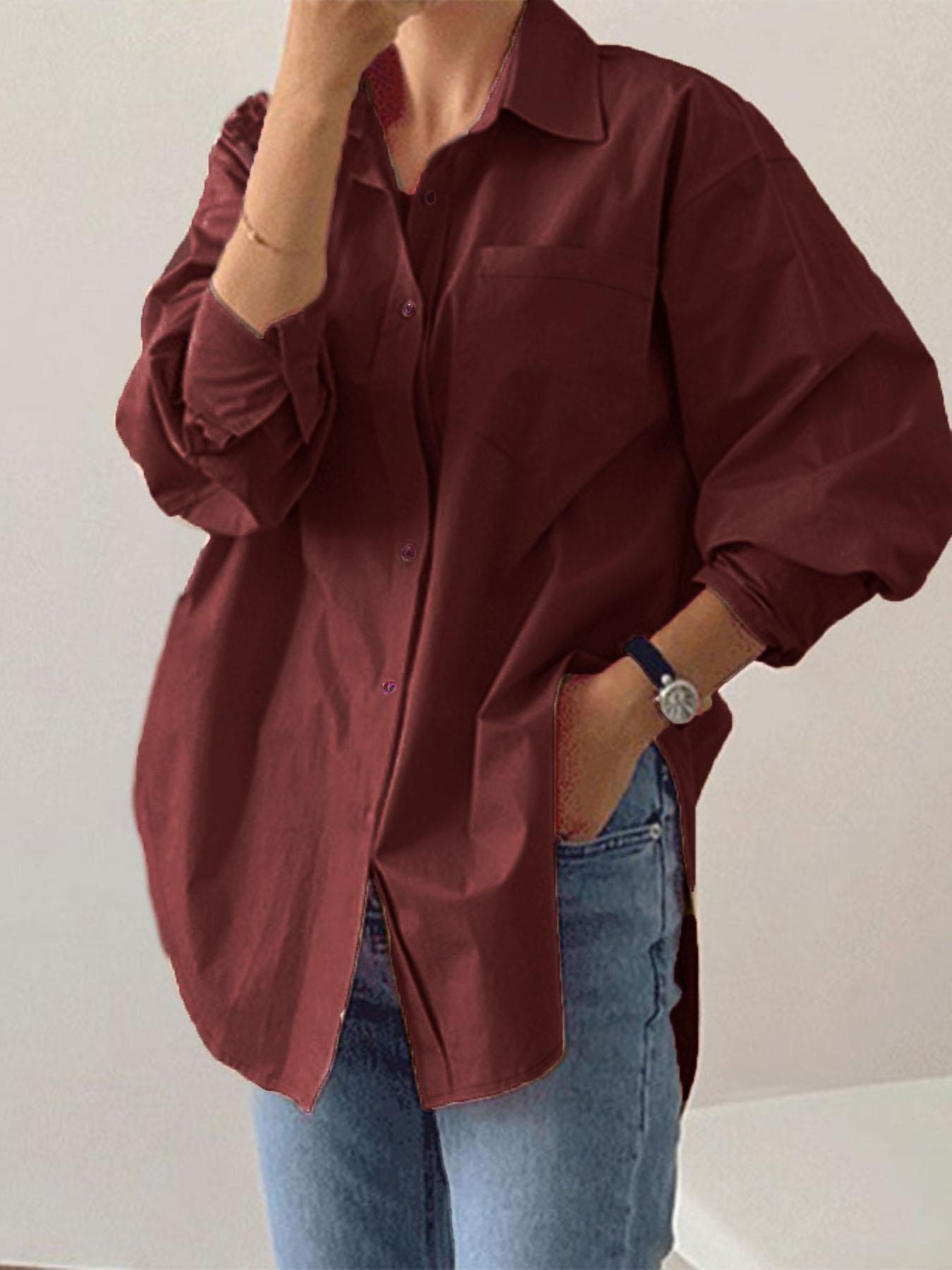 Women's Plain Button Front Drop Shoulder Shirt Blouse, Casual Loose Long Sleeve Collared Top for Fall & Winter, Quality & Durable Women's Clothing for Daily Wear