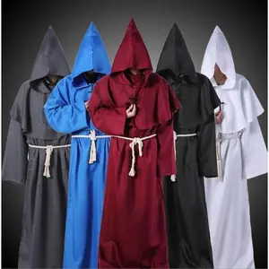 Medieval Monk Robe Monk Costume Halloween Cosplay Priest Wizard Hooded Multicolor Cape Cloak Waist Rope Cross Ornament Sets