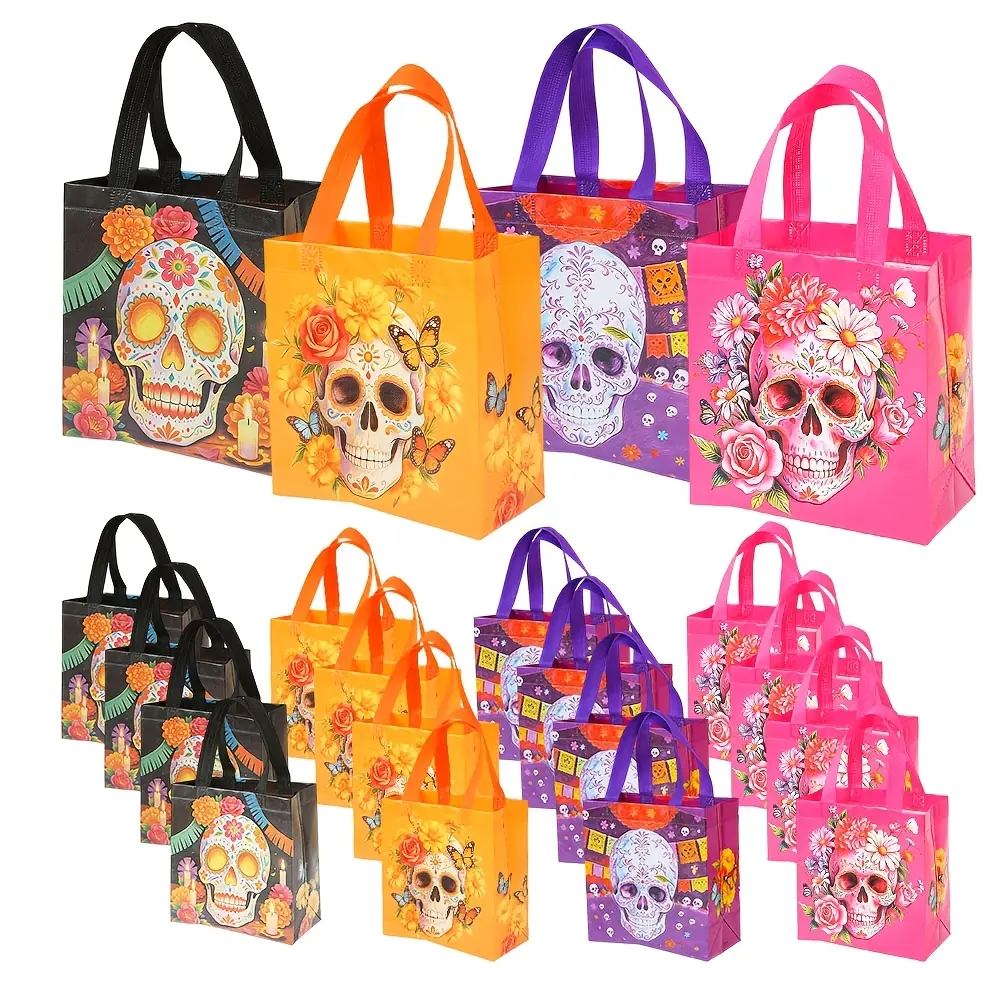 Mexican Day of the Dead Non-woven Gift Tote Bag, 4 Bright Base Skull Flower Butterfly Print Bags, Color Matching Fabric Handle Handbag for Halloween Parties and Small Gift Packaging