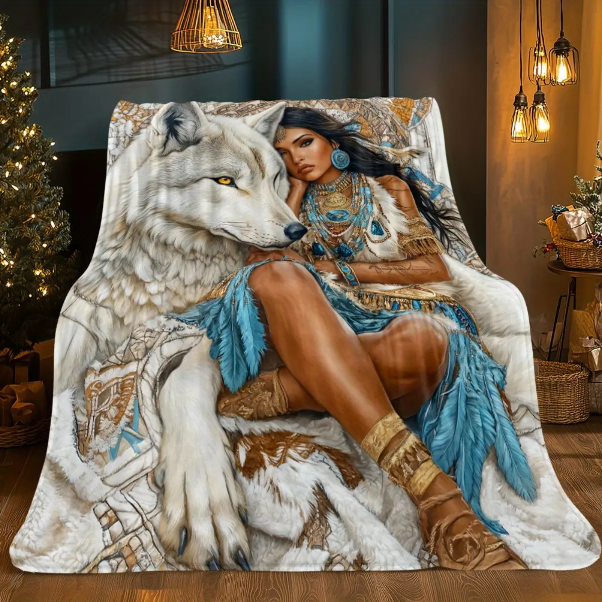 1pc Woman & Wolf Native American-Inspired Tribal Design Blanket - Turquoise Blue/Beige/White/Golden/Black - Soft Flannel Bedspread for Sofa, Bed, Travel, Camping - Lightweight All-Season Luxury Home Decor - Digital Printed Geometric Pattern with Intricate