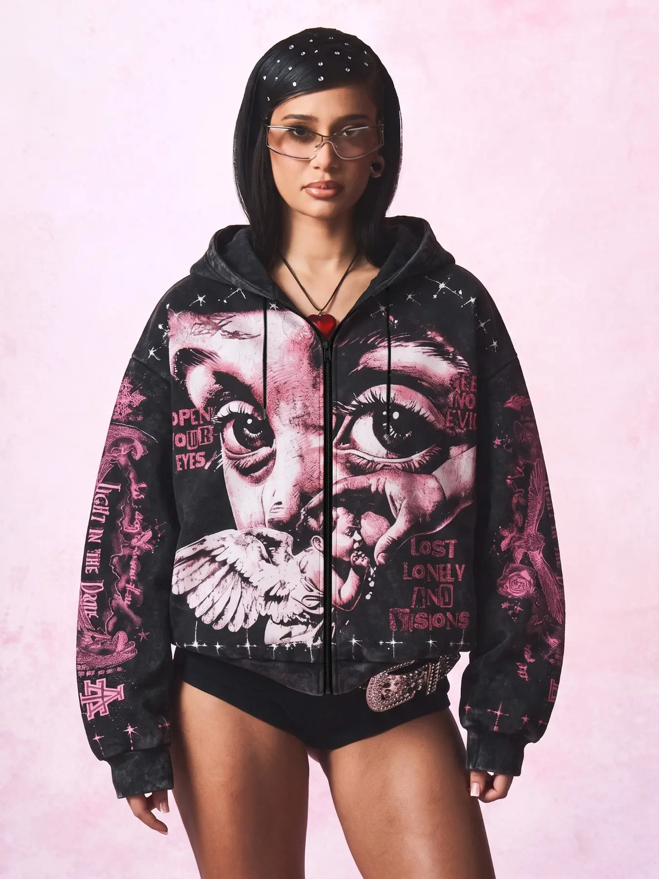 Women Y2K Gothic Angel Graphic Zip Up Hoodie, Vintage Big Eyes Cherub Full Print Oversized Zip‑Hooded Jacket, Long Sleeve Streetwear Hooded Sweatshirt, Alt Aesthetic Loose Casual Everyday Outerwear For Daily Street Party Outfits