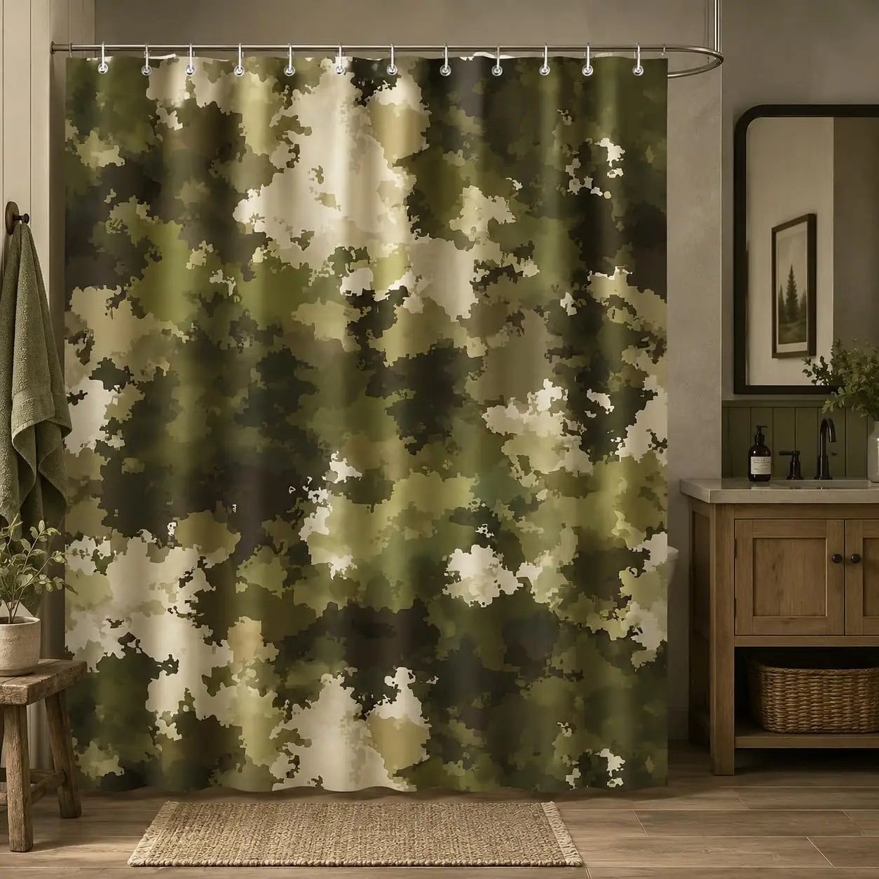 Green Camouflage Shower Curtain with Hooks - 72x72 in, Machine Washable, Waterproof, Fade-Resistant, Military Outdoor Style, Bath Privacy, Quick Install, Rustic Brown Hunting Decor for Boys, Bathroom Use