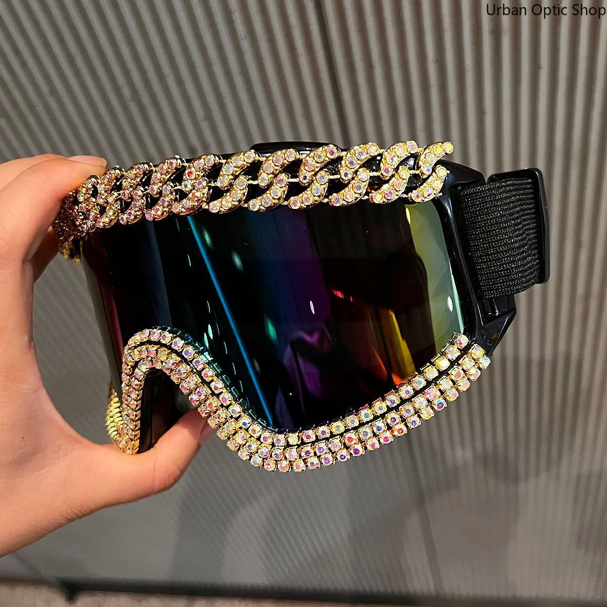 XUH Women's Rhinestone Glam Ski Goggle Sunglasses - Adult Fashion Eyewear Accessories with Gold Cuban Chain, Crystal Trim, Iridescent Mirrored UV400 Lenses, Adjustable Strap, Colorful Film, Universal Size, Party Accessory