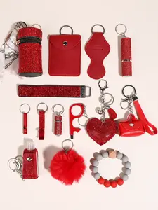 14 in 1 Red Safety Keychain for Women Portable Emergency Whistle Window Breaker Keyring Multi Functional Survival Wristlet Pompom Key Chain Birthday Gift