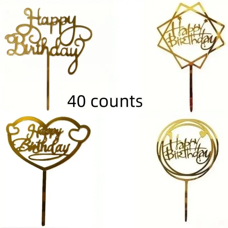 Happy Birthday Cake Topper, 40pcs/set Glitter Cake Decoration, Sparkle Toppers, Creative Baking Supplies for Birthday Party, Festive & Party Supplies, Cupcakes, Dessert, Cake Decorating