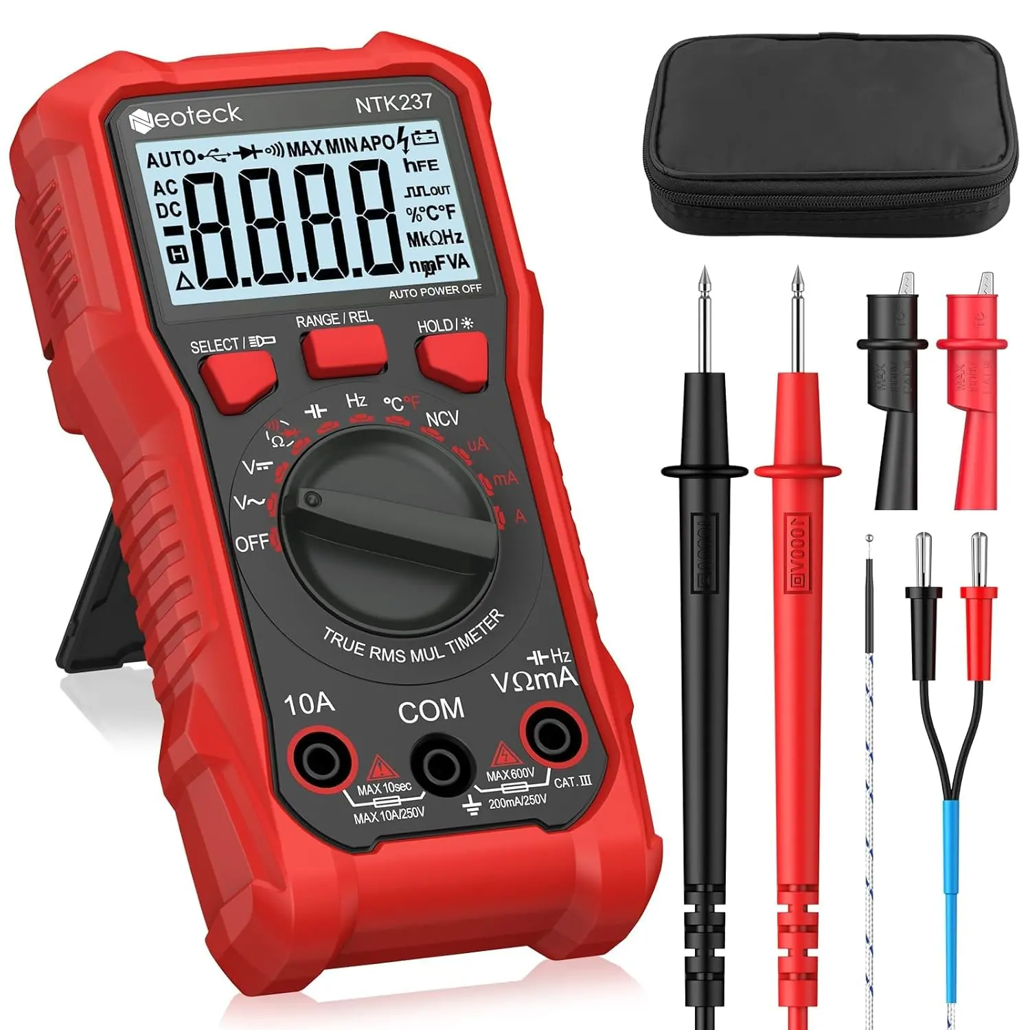 Neoteck 2000 Counts Digital Multimeter Voltmeter Tester with NCV, LCD - Measures AC/DC Voltage, AC/DC Current, Resistance, Capacitance, Live Wire, Frequency, Temperature, Duty Cycle, Continuity, Diode - Red, None