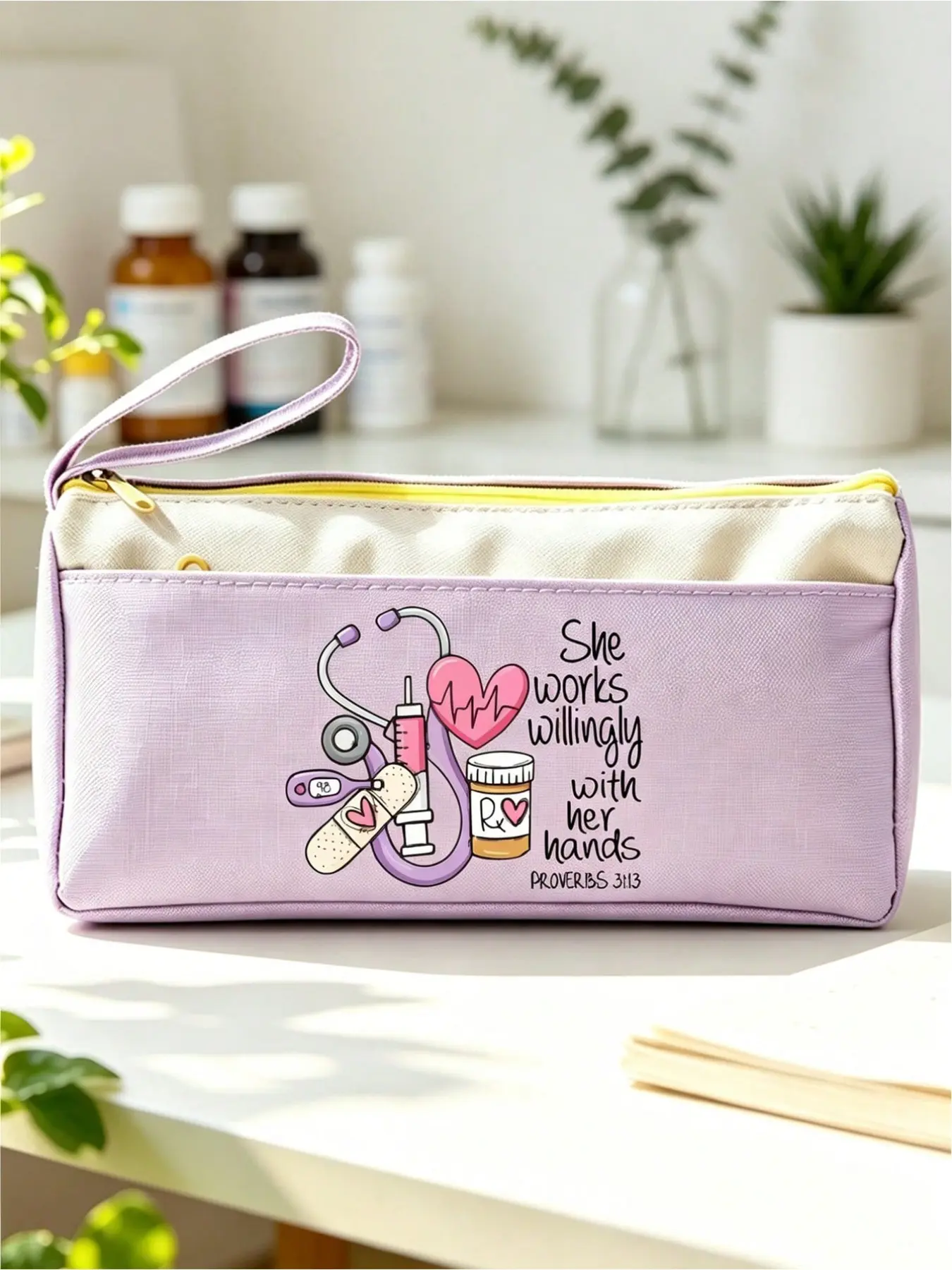 Stethoscope Print Zipper Storage Pouch, Multi-Compartment Handheld Nurse Pen Bag, Large Capacity Cosmetic Stationery Organizer Bag with Letter Print, Colorful Modern Multipurpose Case for Students Nurses Office Workers