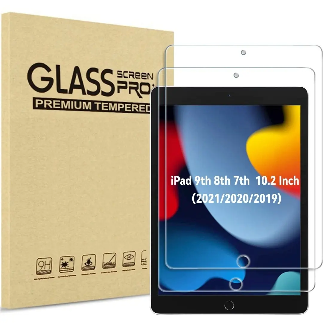 2 Pack Screen Protective Film Set for iPad 9th 8th 7th Generation 10.2 Inch (2021/2020/2019), Tempered Glass Film for A2602 A2603 A2270 A2197 -ClearSuper Durable, Anti-Fingerprint, Supports Apple Pencil, High Hardness, iPad Screen Protector