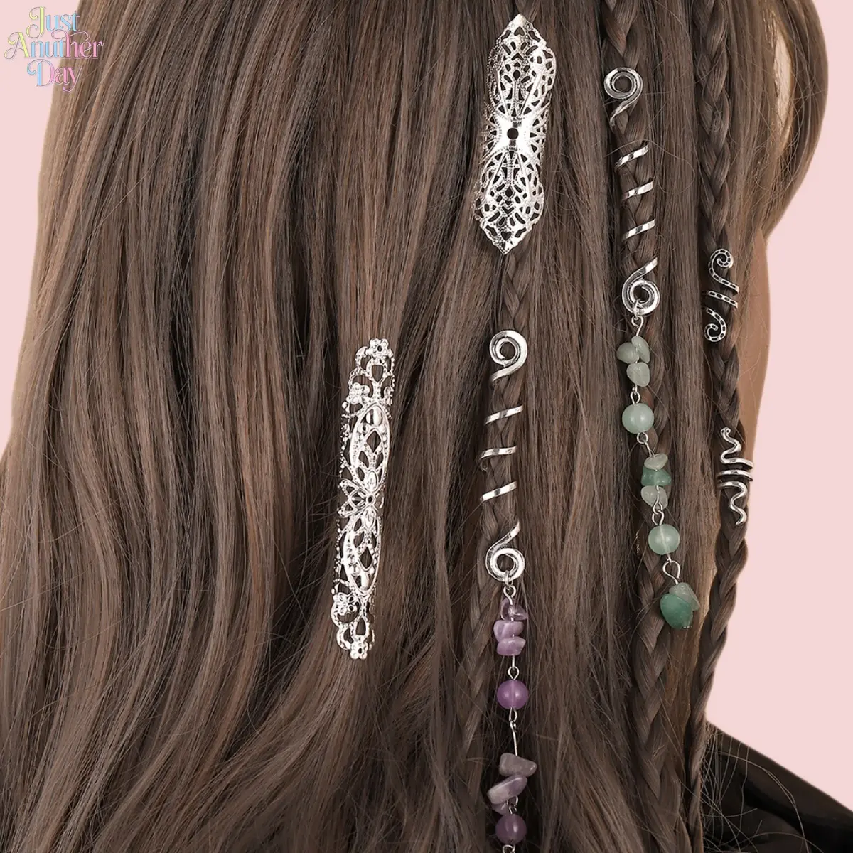 20Pcs Boho Dreadlock Hair Accessories Set, Silver Spiral Hair Cuffs, Natural Crystal Charms & Filigree Beads, Ethnic Style Decorative Hair Rings for Braids, Twists & Ponytails
