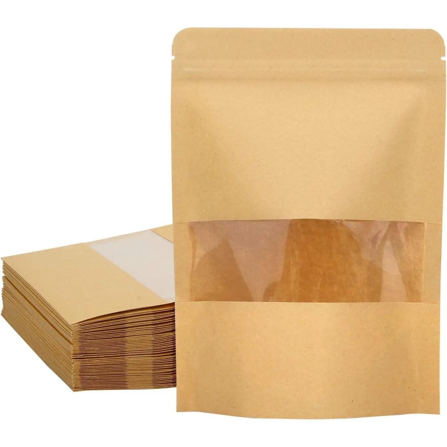 50 Pack  Paper Resealable Bags with Clear Window (4 X 6 Inches) | Heat Sealable Stand Up Pouch Bags with  Notches for Small Business, Spices, Granola Storage