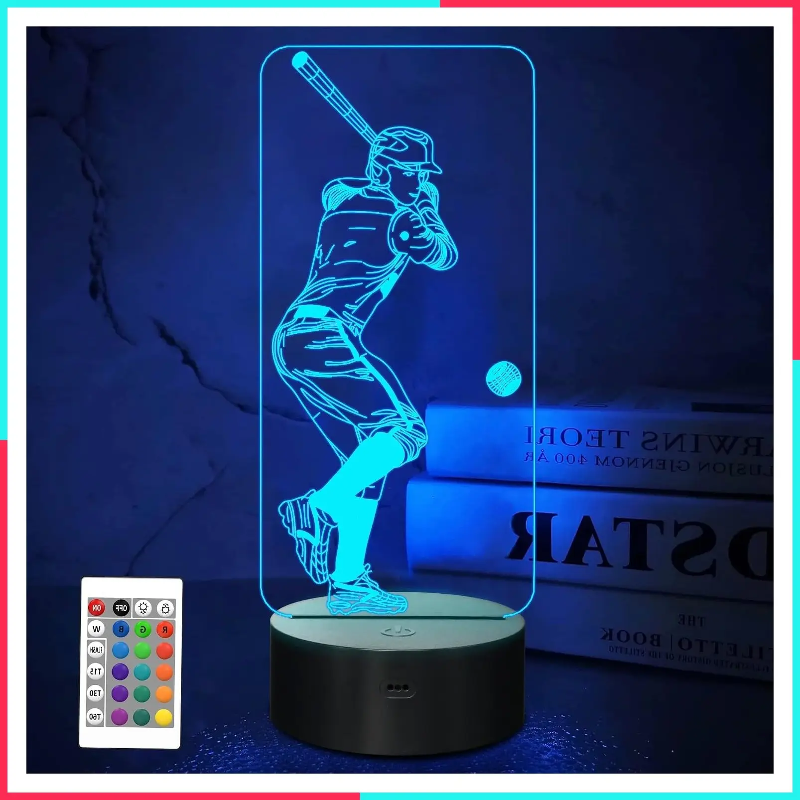 Baseball 3D Night Light, Sports Bedside Lamp with Remote Control - 16 Colors Changing, 4 Modes, Dim Function, Ideal Gift for Baseball Fans for Christmas, Birthday, Father's Day