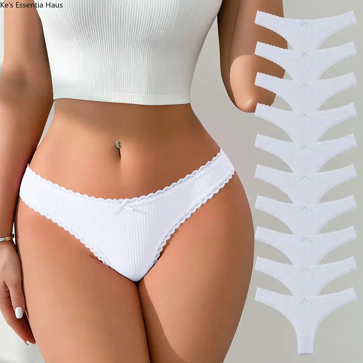 Women's Pure White Lacy Low Waist Cotton Thong Panties, 5/10-Pack, Soft Breathable Fabric, Machine Washable, Exquisite Lace Edges, All-Season Elegant Lingerie (Sports & Outdoor Apparel Companion)